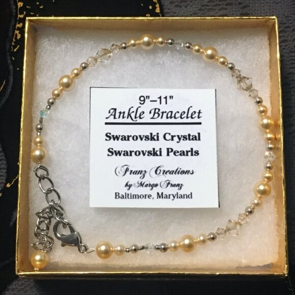 Hand-Crafted Lt Gold Swarovski Pearls w/Golden Shadow Swarovski Crystal Anklet - Picture 2 of 3